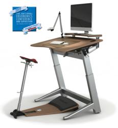 Focal Upright Furniture's lean-to-stand workstation featuring the Locus Seat and Locus Desk
